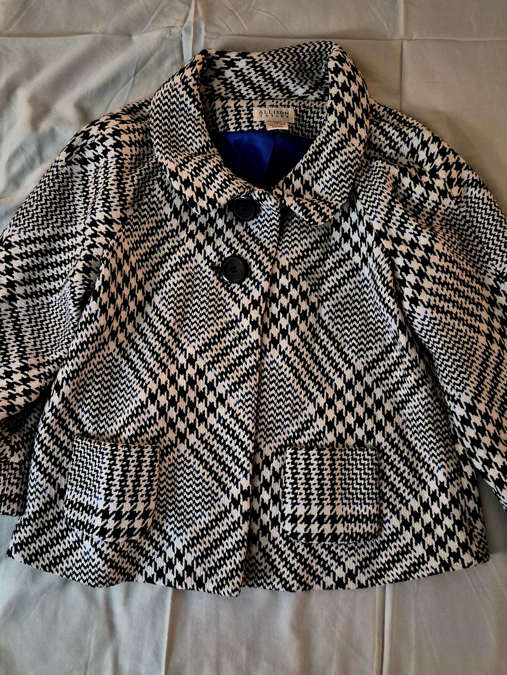 Allison Taylor Black and White Houndstooth Cropped Pea Coat